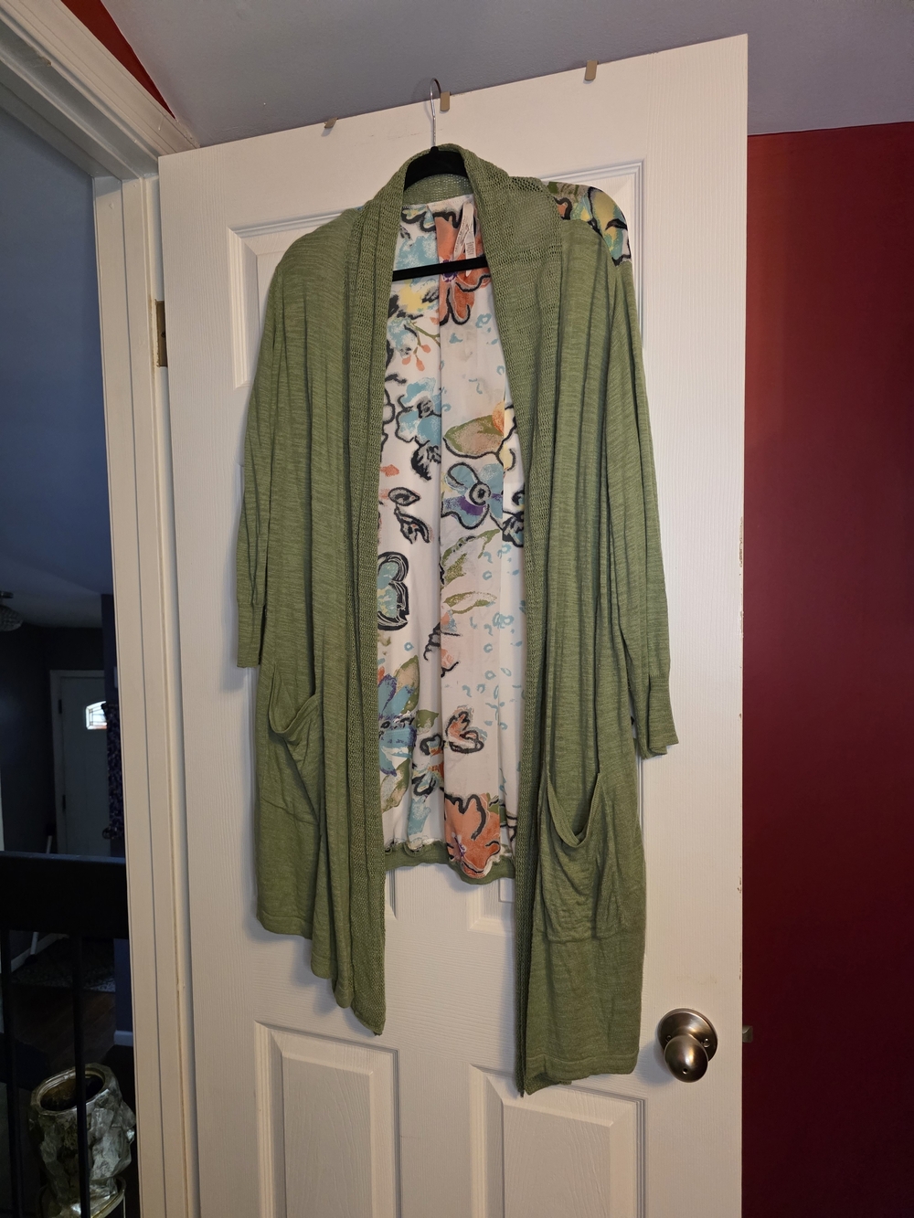 Melissa McCarthy Open-Front Light Green Cardigan with Floral Lining